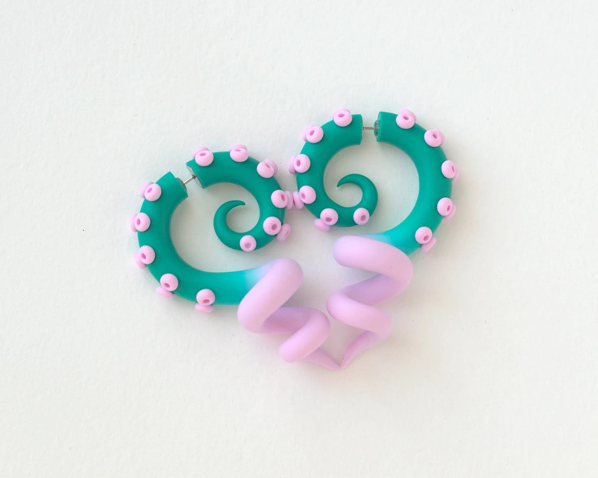 Teal Pink Tentacle Earrings