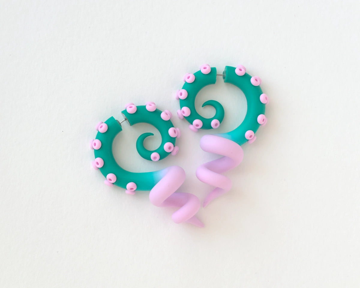 Teal Pink Tentacle Earrings