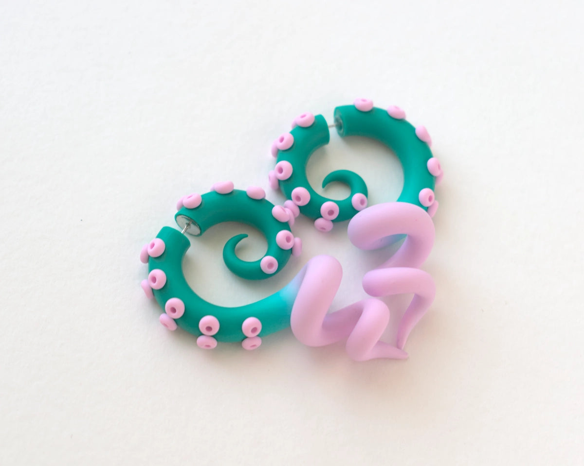 Teal Pink Tentacle Earrings