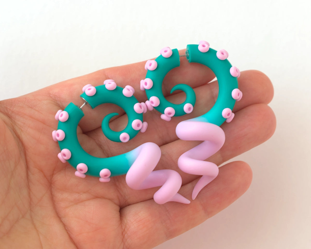 Teal Pink Tentacle Earrings