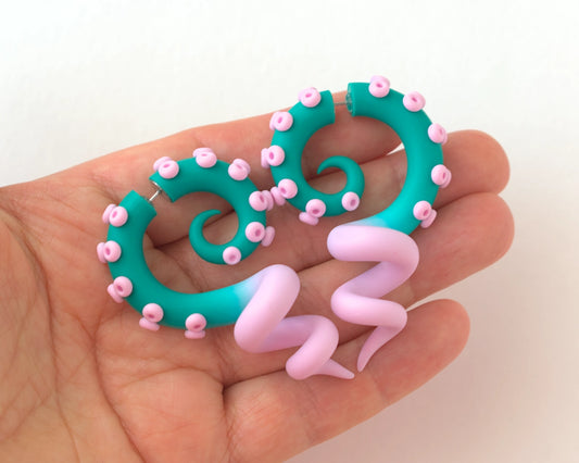 Teal Pink Tentacle Earrings